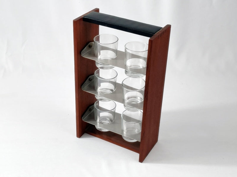 Mid Century Gläserset mit Holzhalter – 6 Gläser im Teakständer, 60er Jahre