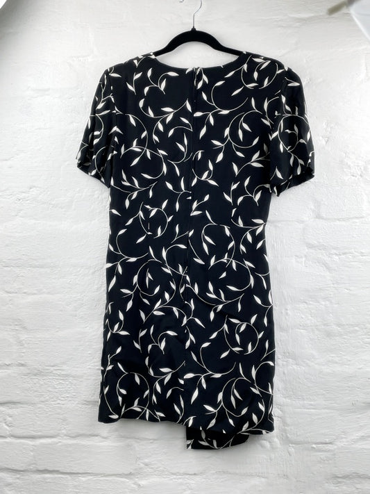 Fabiani Kleid – Schwarz mit weißem Blätter-Print, Kurzarm, Viskose, Größe 36