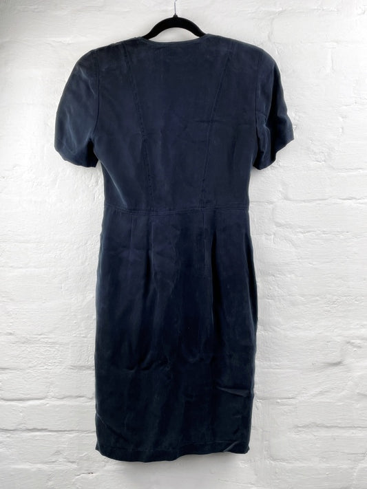 Ciboni Kleid – 90s Retro Viskose, Dunkelblau, Kurzarm, Knopfleiste, Größe 38