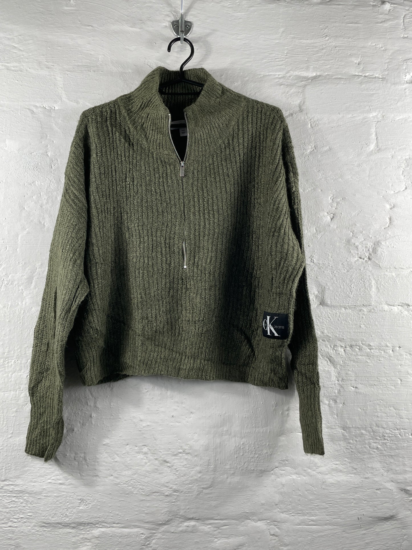 Calvin Klein Jeans – Olivgrüner Quarter-Zip Strickpullover, Größe S
