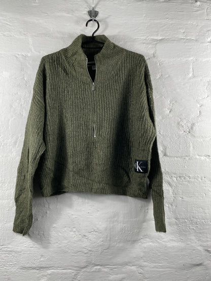 Calvin Klein Jeans – Olivgrüner Quarter-Zip Strickpullover, Größe S