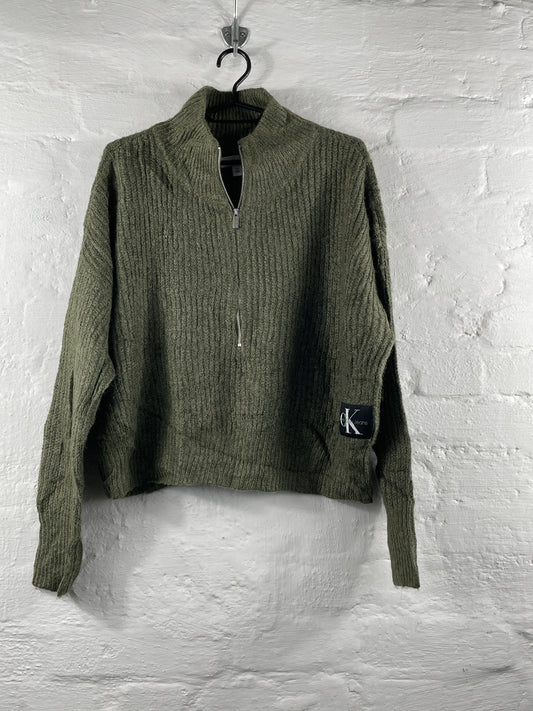 Calvin Klein Jeans – Olivgrüner Quarter-Zip Strickpullover, Größe S