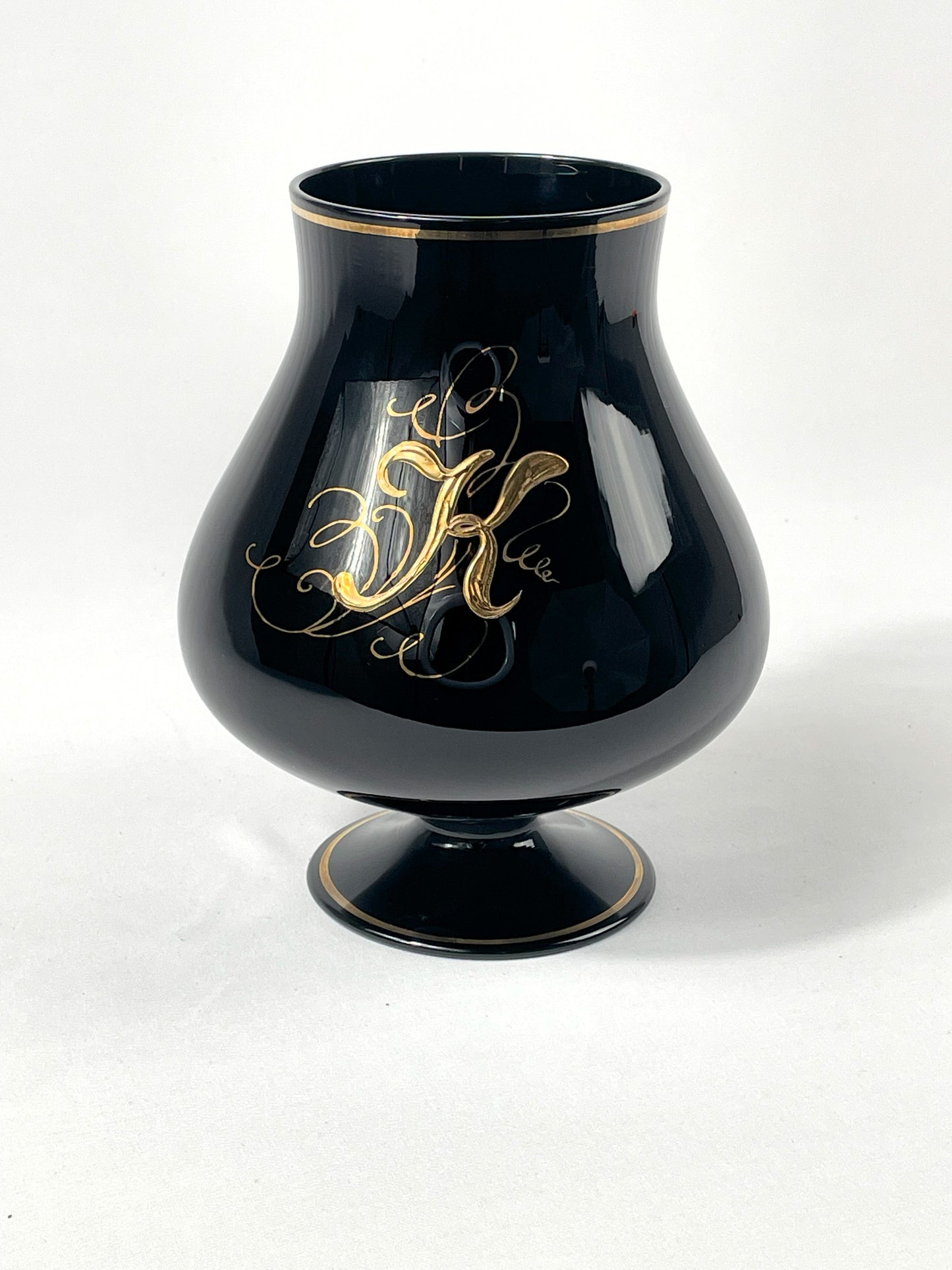 Black goblet glass with gold rim and monogram "K" - vintage footed glass decoration