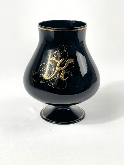 Black goblet glass with gold rim and monogram "K" - vintage footed glass decoration
