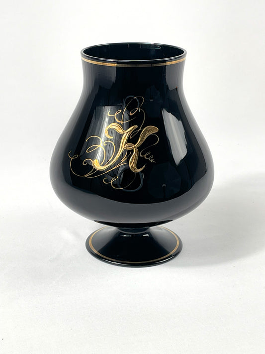 Black goblet glass with gold rim and monogram "K" - vintage footed glass decoration