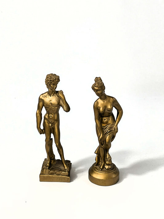 Italienische Skulpturen David & Venus - signiert Benini, Metallguss mit Goldpatina, ca. 16,5 cm, Vintage