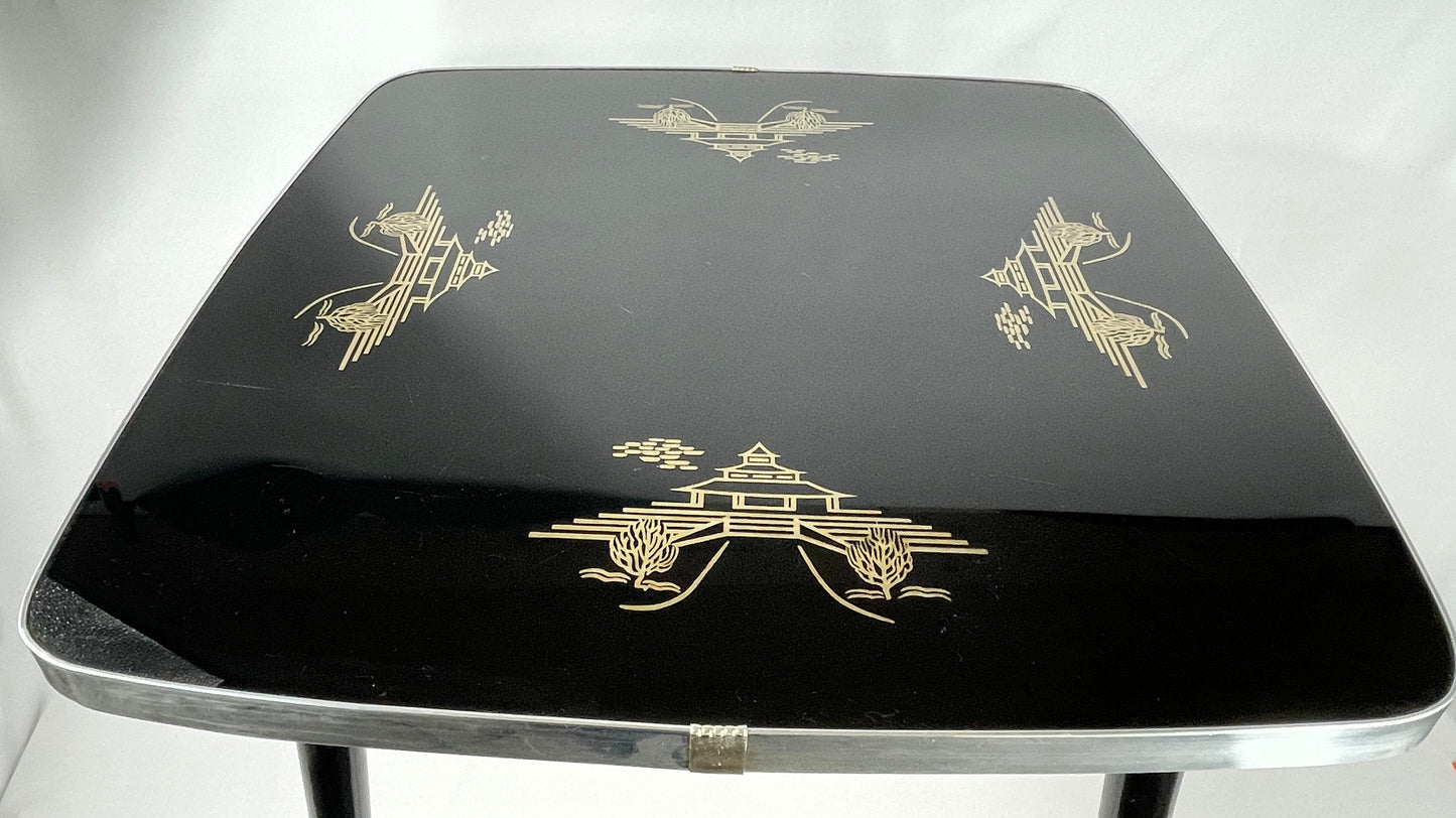 Beistelltisch DDR Albert Busch - Schwarze Tischplatte mit Golddekor, Mid-Century Design