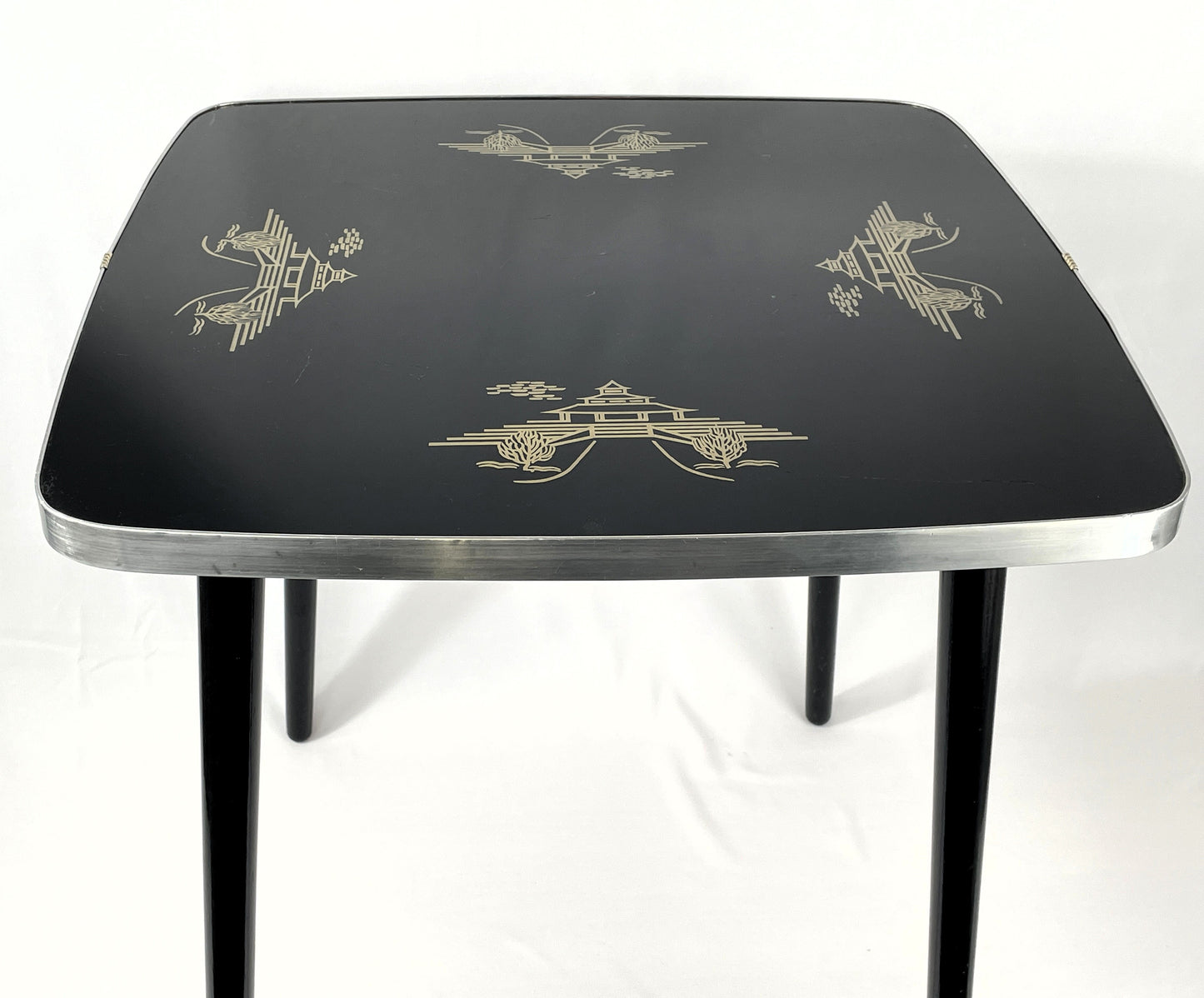 Beistelltisch DDR Albert Busch - Schwarze Tischplatte mit Golddekor, Mid-Century Design