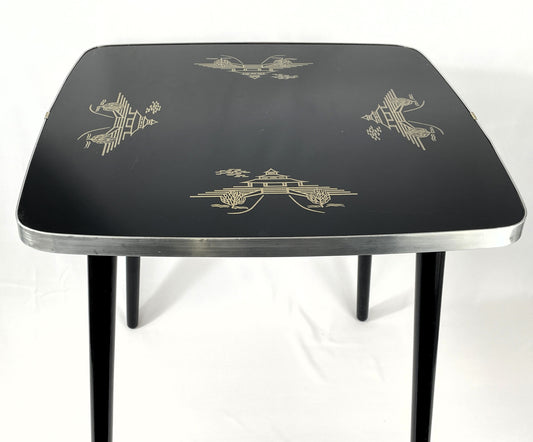 Beistelltisch DDR Albert Busch - Schwarze Tischplatte mit Golddekor, Mid-Century Design