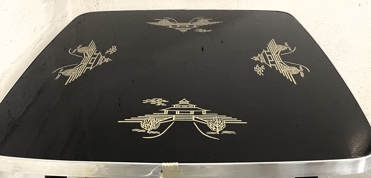 Beistelltisch DDR Albert Busch - Schwarze Tischplatte mit Golddekor, Mid-Century Design