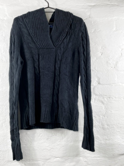 Chaps Denim – Cable Knit Shawl Collar Sweater Black (ca. frühe 2000er Jahre)