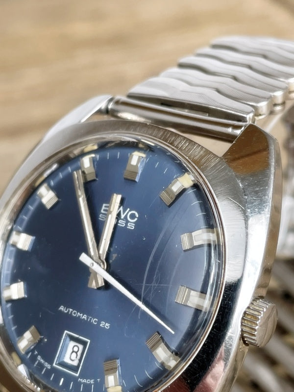 BWC Swiss Herrenarmbanduhr – Vintage Automatik 25 Jewels, Edelstahl, blaues Zifferblatt