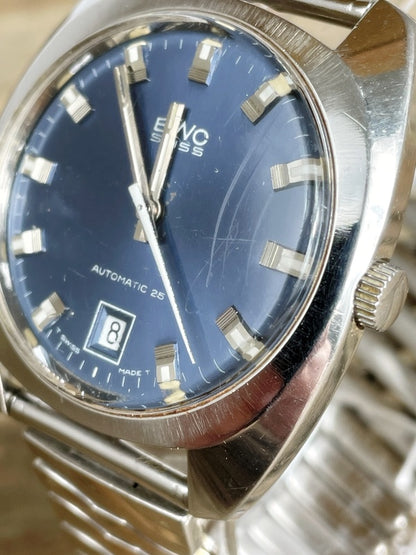 BWC Swiss Herrenarmbanduhr – Vintage Automatik 25 Jewels, Edelstahl, blaues Zifferblatt