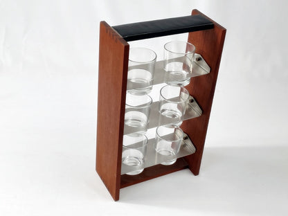 Mid Century Gläserset mit Holzhalter – 6 Gläser im Teakständer, 60er Jahre