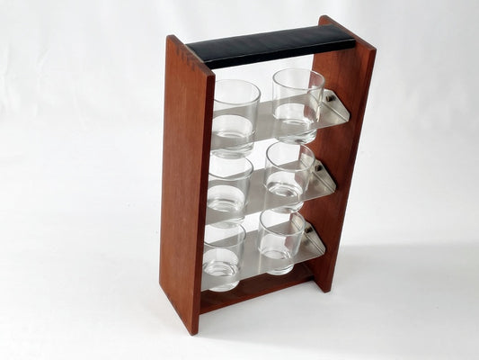 Mid Century Gläserset mit Holzhalter – 6 Gläser im Teakständer, 60er Jahre