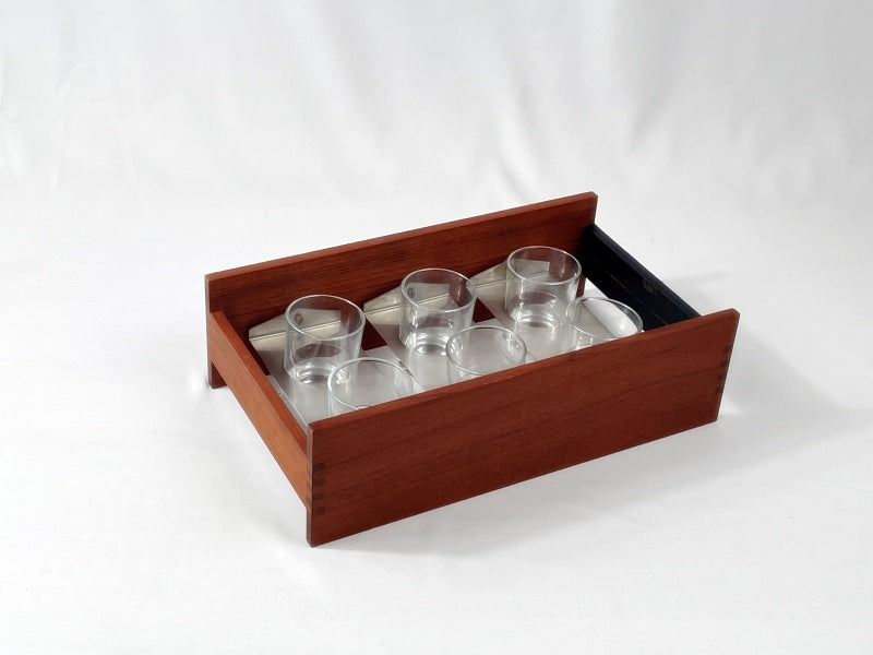 Mid Century Gläserset mit Holzhalter – 6 Gläser im Teakständer, 60er Jahre