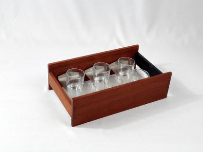 Mid Century Gläserset mit Holzhalter – 6 Gläser im Teakständer, 60er Jahre