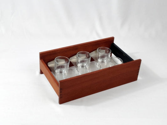 Mid Century Gläserset mit Holzhalter – 6 Gläser im Teakständer, 60er Jahre