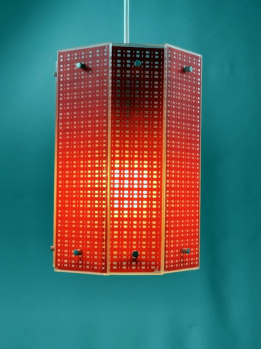 Pendelleuchte 60er/70er Jahre – Geometrisches Design mit roten Glaspaneelen, Mid Century