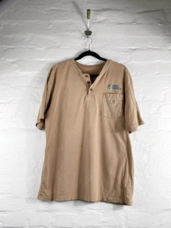 Carhartt Henley Shirt – Vintage Workwear Short-Sleeve Shirt, Beige, Size L