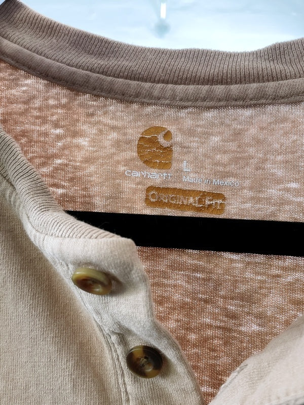 Carhartt Henley Shirt – Vintage Workwear Short-Sleeve Shirt, Beige, Size L