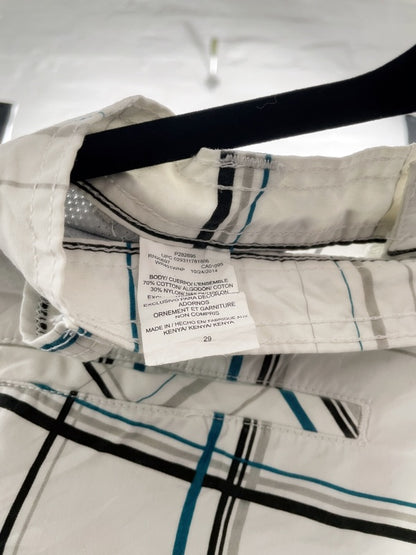 Dickies Retro Karo Shorts – Weiß mit Blau-Schwarz Muster, Größe 29