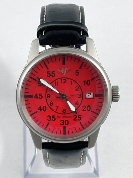 Trias Automatik Armbanduhr – Edelstahlgehäuse, rotes Zifferblatt, Lederarmband
