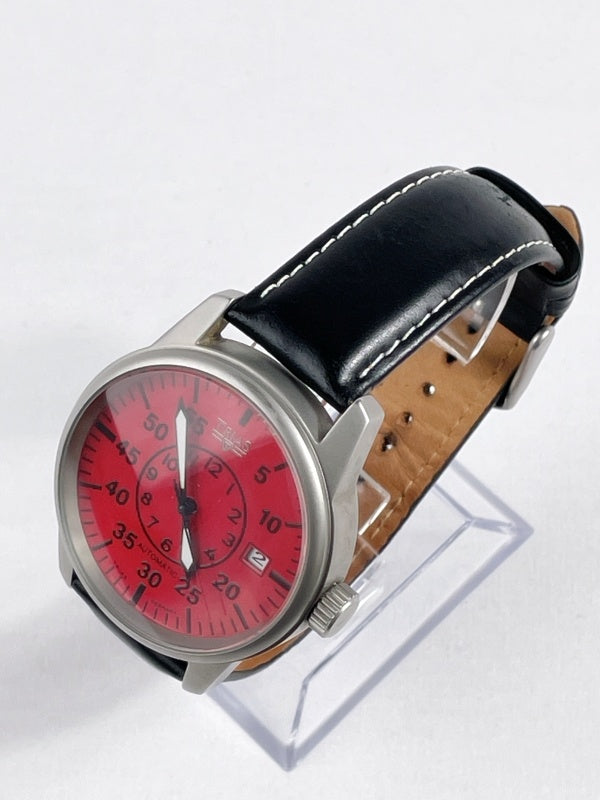 Trias Automatik Armbanduhr – Edelstahlgehäuse, rotes Zifferblatt, Lederarmband
