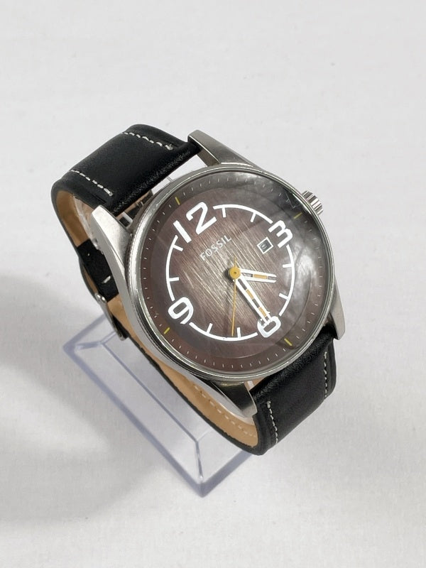 Fossil Herren Armbanduhr – Edelstahlgehäuse, schwarzes Lederarmband, Datumsanzeige