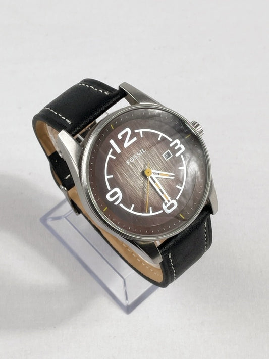 Fossil Herren Armbanduhr – Edelstahlgehäuse, schwarzes Lederarmband, Datumsanzeige