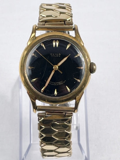 Oliva Trubis men's wristwatch – vintage hand-wound, gold-plated case, black dial