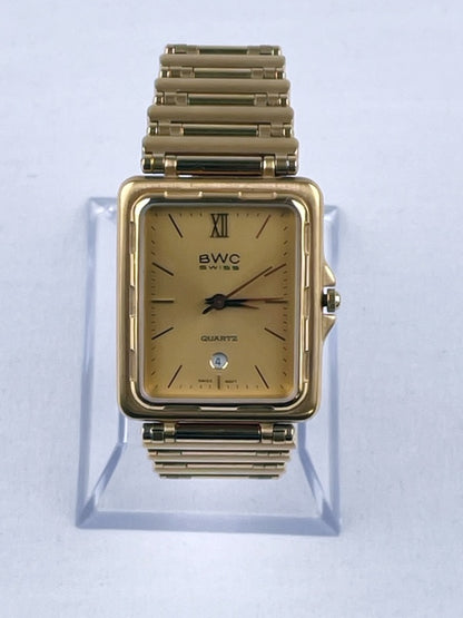 Elegante Retro BWC Swiss Quartz Armbanduhr – Goldfarbenes Rechteckgehäuse, Datumsanzeige, Herren/Damen
