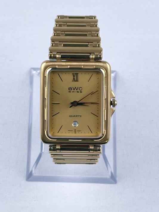 Elegante Retro BWC Swiss Quartz Armbanduhr – Goldfarbenes Rechteckgehäuse, Datumsanzeige, Herren/Damen
