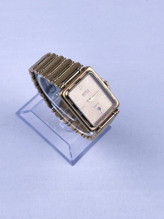 Elegante Retro BWC Swiss Quartz Armbanduhr – Goldfarbenes Rechteckgehäuse, Datumsanzeige, Herren/Damen