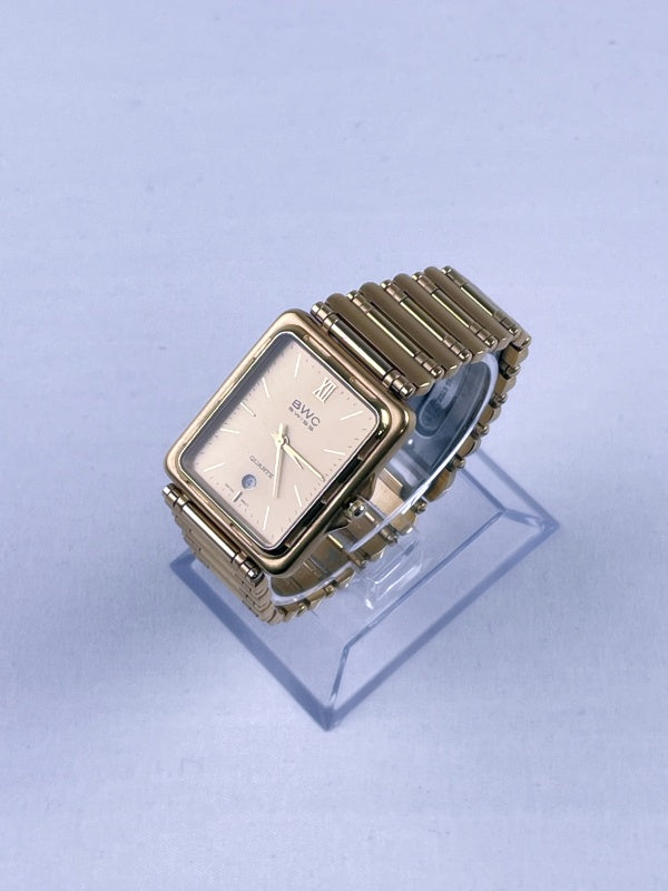 Elegante Retro BWC Swiss Quartz Armbanduhr – Goldfarbenes Rechteckgehäuse, Datumsanzeige, Herren/Damen