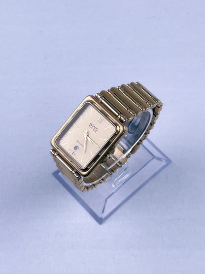 Elegante Retro BWC Swiss Quartz Armbanduhr – Goldfarbenes Rechteckgehäuse, Datumsanzeige, Herren/Damen