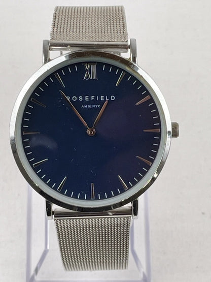 Rosefield Armbanduhr mit silbernem Mesharmband – Vintage Design, Blaues Zifferblatt, Unisex