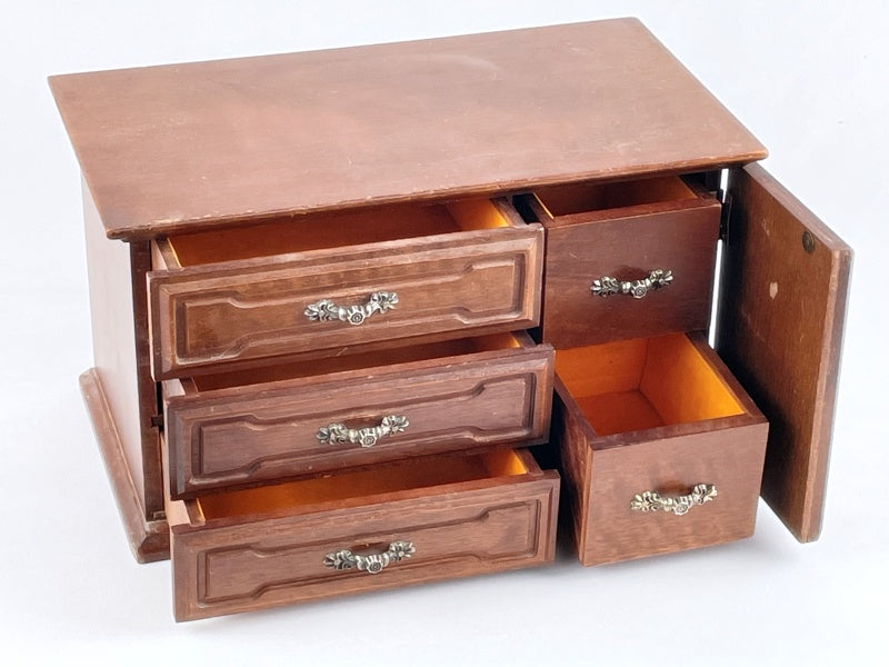 Holzschatulle Vintage Schmuckkästchen mit Schubladen und Tür, 70er/80er Jahre