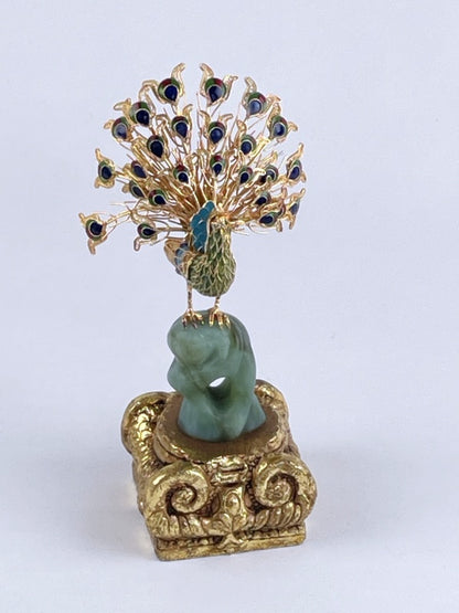 Pfau Figur Vintage Dekoration – Cloisonné Emaille & Jade Sockel, Handarbeit