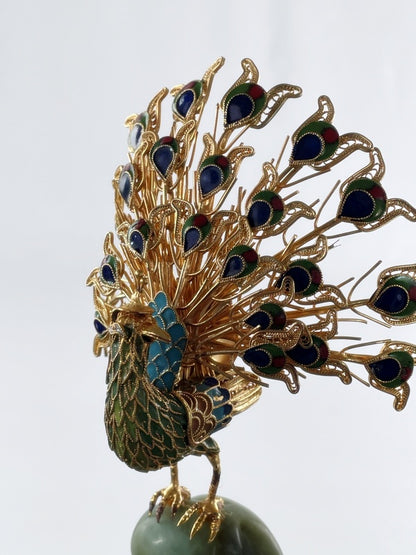 Pfau Figur Vintage Dekoration – Cloisonné Emaille & Jade Sockel, Handarbeit