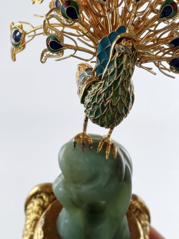 Pfau Figur Vintage Dekoration – Cloisonné Emaille & Jade Sockel, Handarbeit
