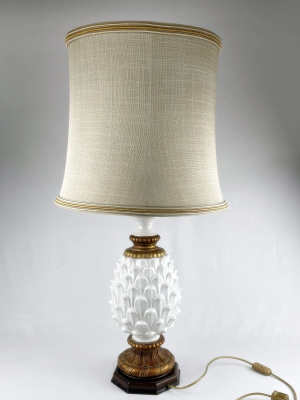 Tischlampe im Ananas-Design Vintage – Keramik & Holzsockel mit großem Stoffschirm