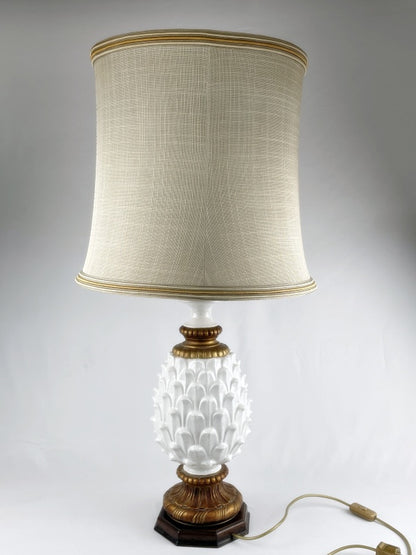 Tischlampe im Ananas-Design Vintage – Keramik & Holzsockel mit großem Stoffschirm