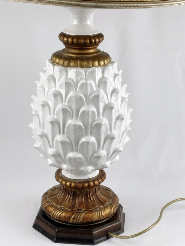 Tischlampe im Ananas-Design Vintage – Keramik & Holzsockel mit großem Stoffschirm