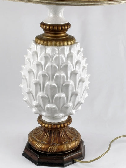 Tischlampe im Ananas-Design Vintage – Keramik & Holzsockel mit großem Stoffschirm