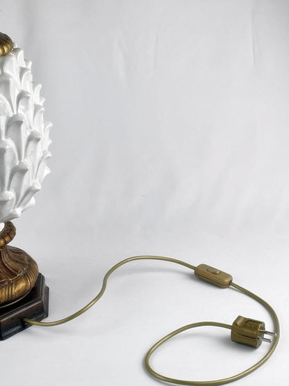 Tischlampe im Ananas-Design Vintage – Keramik & Holzsockel mit großem Stoffschirm