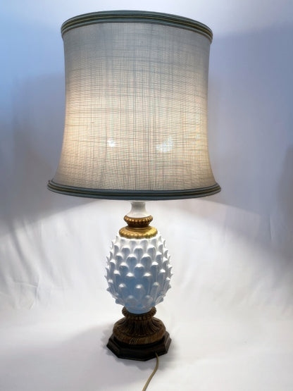Tischlampe im Ananas-Design Vintage – Keramik & Holzsockel mit großem Stoffschirm