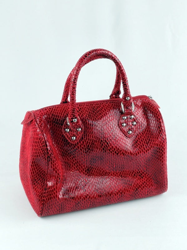 Damen Handtasche Retro – Rot, Schlangenleder Optik, Kunstleder, Henkeltasche