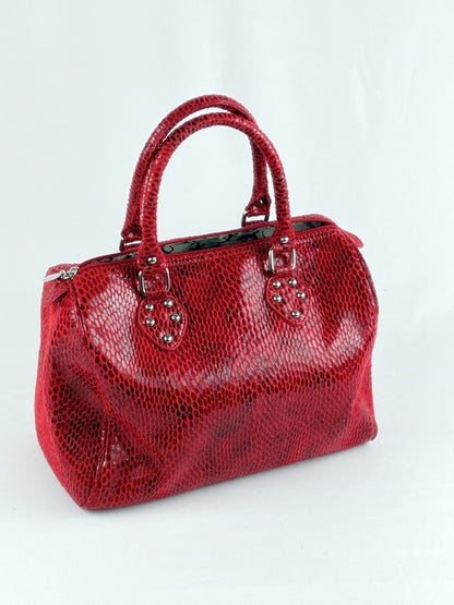 Damen Handtasche Retro – Rot, Schlangenleder Optik, Kunstleder, Henkeltasche