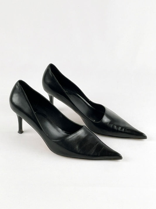 Elegante Vintage Damen-Pumps Schwarz Echtleder – Größe 37, Spitzer Absatzschuh mit Kitten Heel